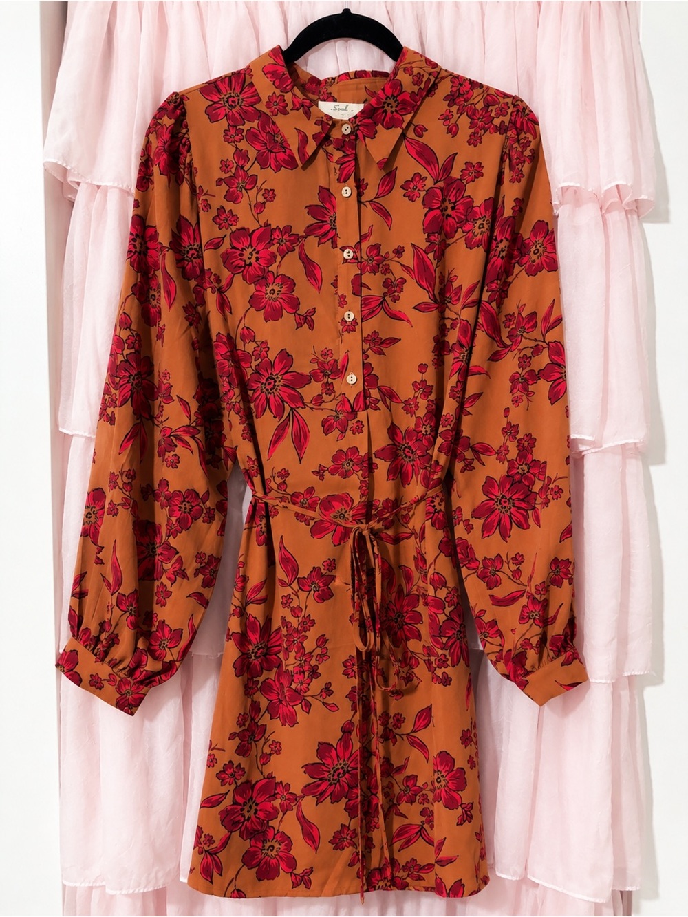 NWT Easel Rust Floral Button-Front Dress with Red Flowers